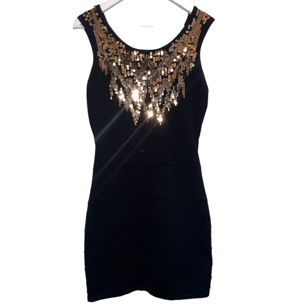 Y2K 2b Bebe Black Metallic Gold Sequin Bandage Sleeveless Cutout Back Slip - Picture 3 of 14